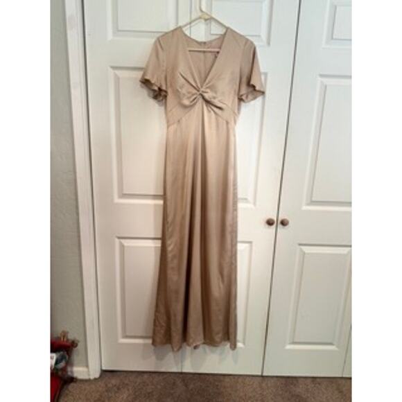 Show Me Your Mumu Satin Twist Front Maxi Dress Short Sleeve Champagne XS - Picture 5 of 10